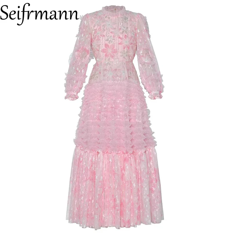 Seifrmann 2026 Spring Women's New Fashionable Round Neck Long Sleeve Glitter Three Dimensional Flower Mesh Waist Dress ﻿