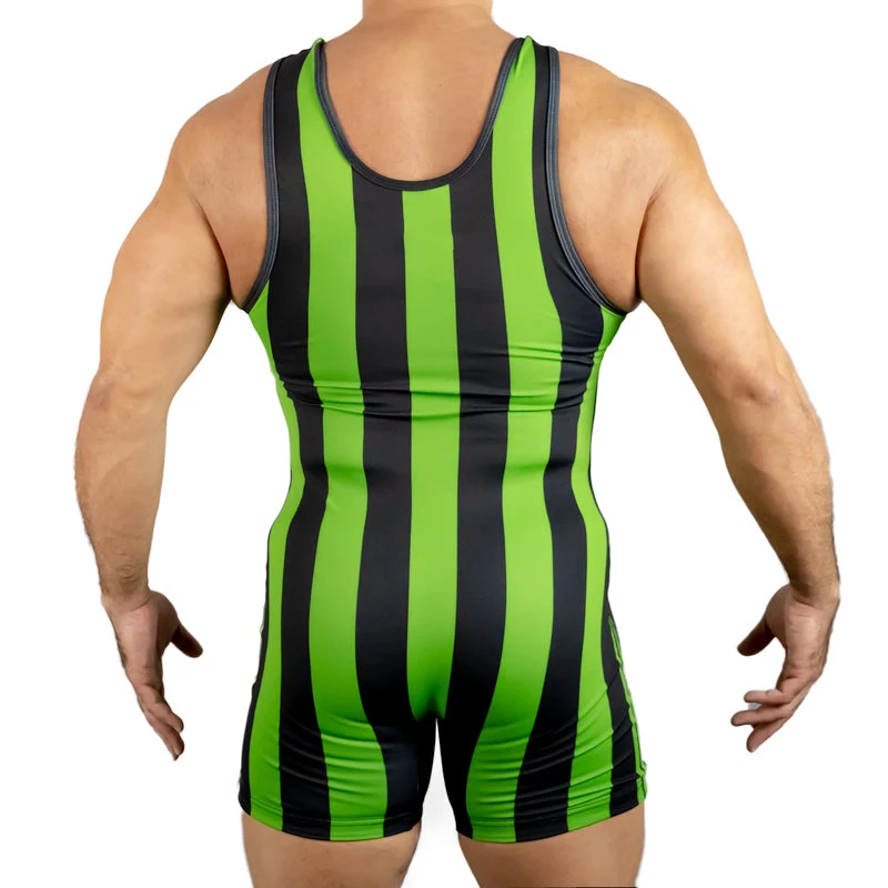 Green Vertical Stripes Wrestling Singlets Running Wear Suit USA Triathlon One Piece Bodysuit Iron WWE Gym Sport Fitness Skinsuit