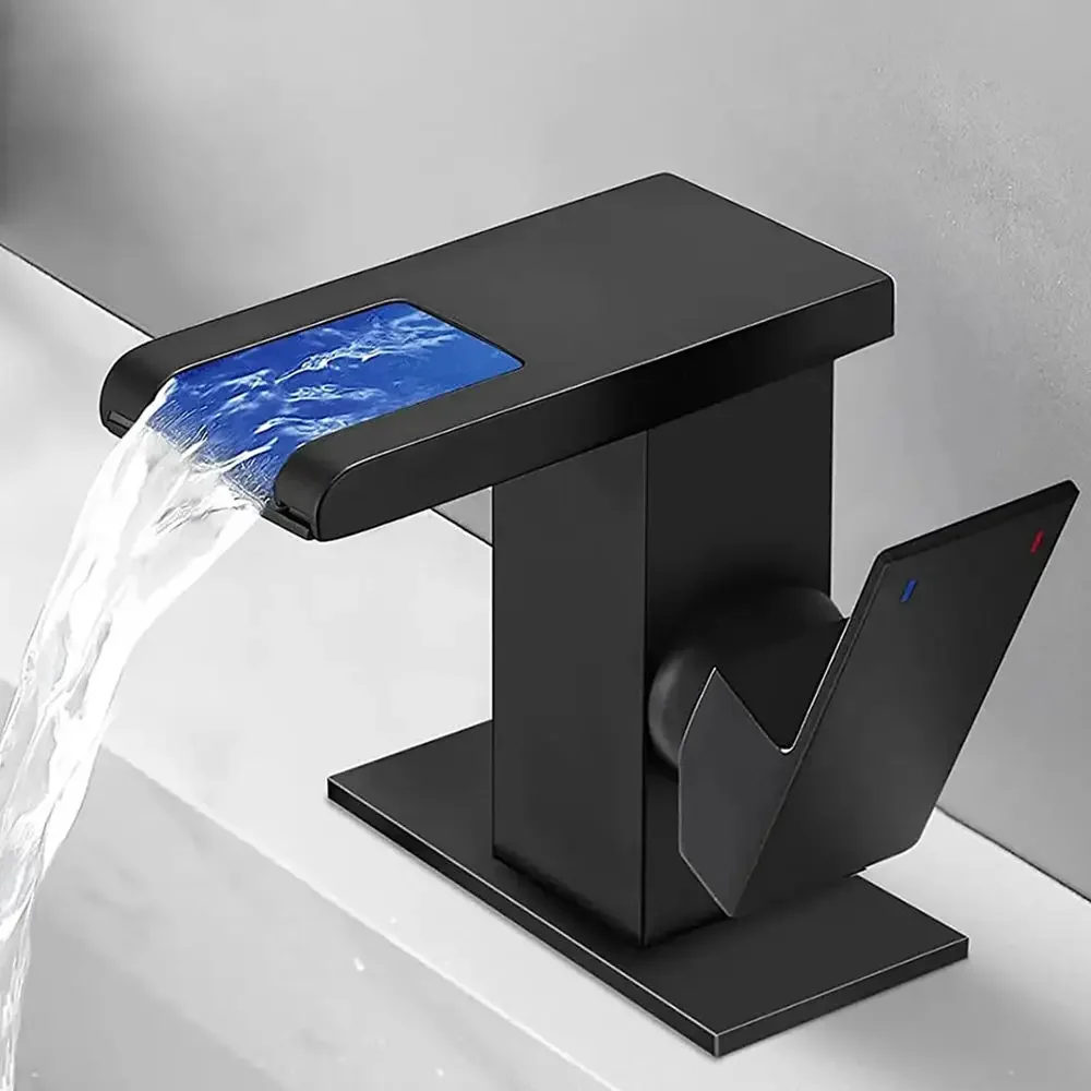 Single Hole Light Emitting Diode Stainless Steel Bathroom Sink Faucet Waterfall Vanity Faucet 3 Color Color Changing Single Hand