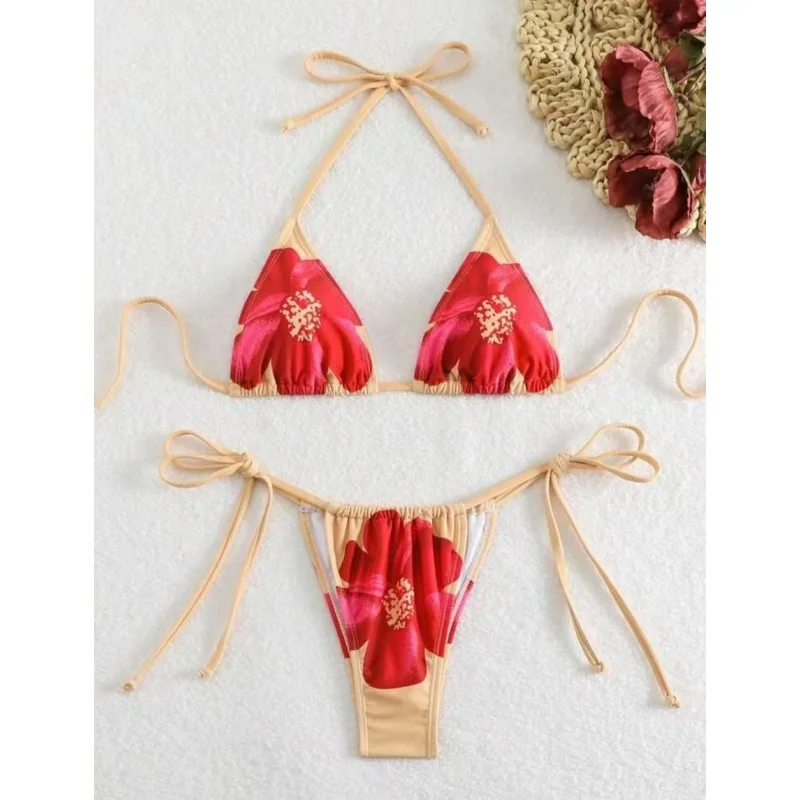 Vintage Flower Pattern Bikini Set Swimsuit Women Halter Triangle Lace Up Thong Micro Bikini 2025 New Vacation Beachwear Biquini