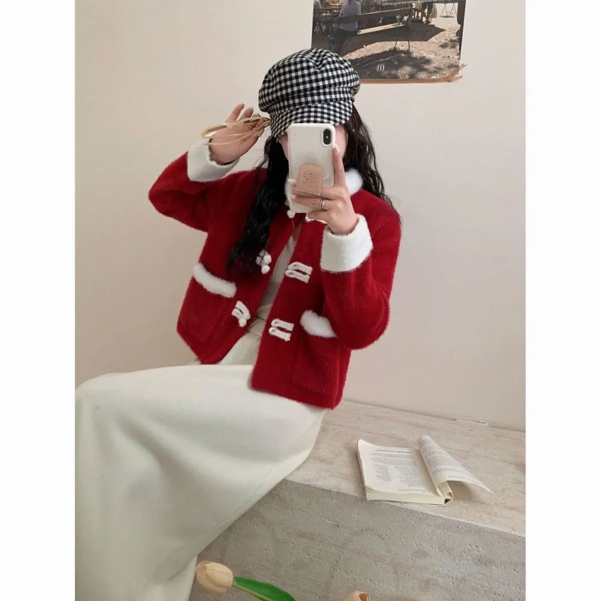 اليابان الأحمر القطيفة تقسم ​ ​ سترة المنك الجديدة النمط الصيني المرأة عيد الميلاد ورأس السنة الجديدة ارتداء سترة محبوكة