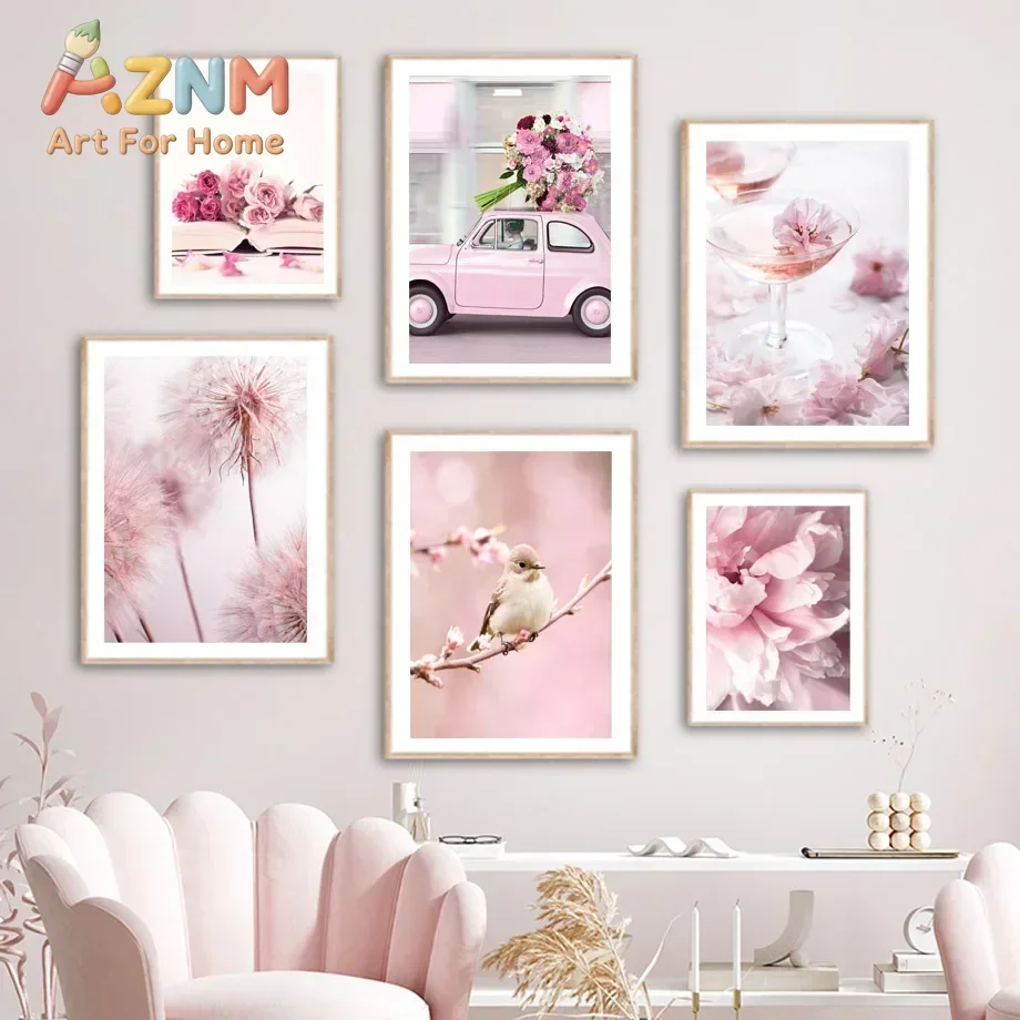 AZNM Pink Floral Canvas Poster Rose Peony Dandelion Bird Vintage Pink Car Wine Glass Art Print Girls Bedroom Wall Decor Unframed