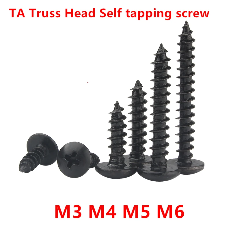 50/10pcs TA Wood Screw M3 M4 M5 M6 Steel with Black Phillips Truss Head Cross Recessed Mushroom Head wood Self Tapping Screws