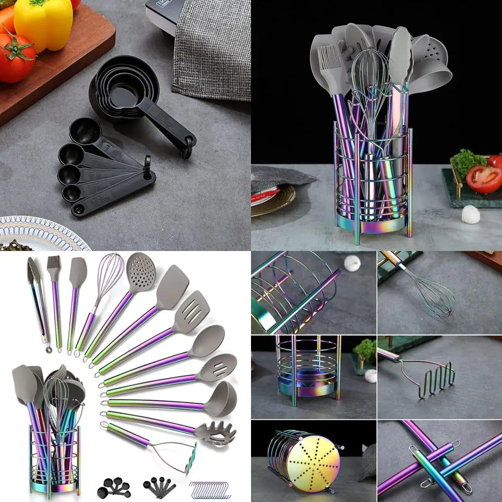 

Набор кухонной утвари из силикона и нержавеющей стали, 38 предметов, с кронштейнами, антипригарным покрытием, можно мыть в посудомоечной машине, радугой
