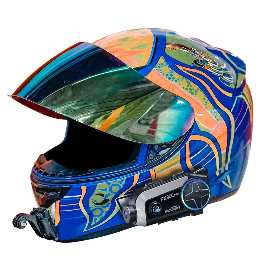 Fodsport-Oreillette Bluetooth FX30C PRO pour casque de moto, appareil de communication sans fil 1080P avec caméra, intercom