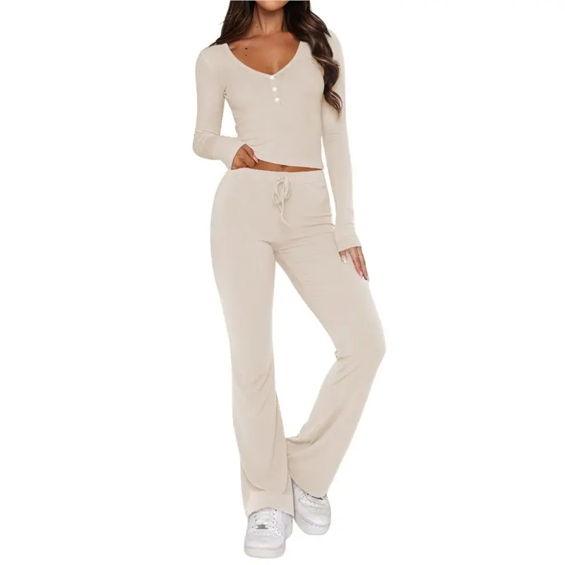 CYL-2 قطعة مطابقة الخريف Sweatsuit صالة مجموعة المرأة واسعة الساق السراويل هينلي الرقبة المحاصيل الأعلى مجموعات