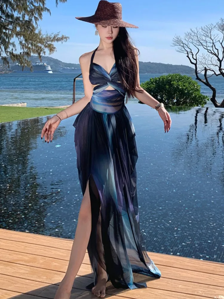 

Summer Holiday Bohemian Womens Dresses Elegant Halter Backless Lace-up Prom Vestidos Slim Waist Beach Dress Female Clothing New