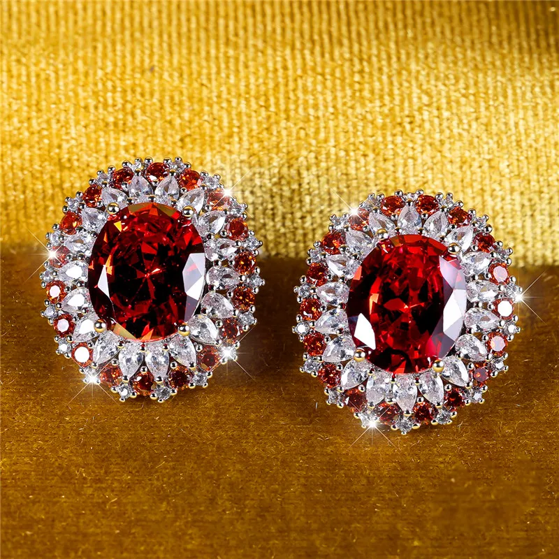 Female Crystal Red Zircon Stone Stud Earrings Vintage Silver Color Wedding Jewelry For Women