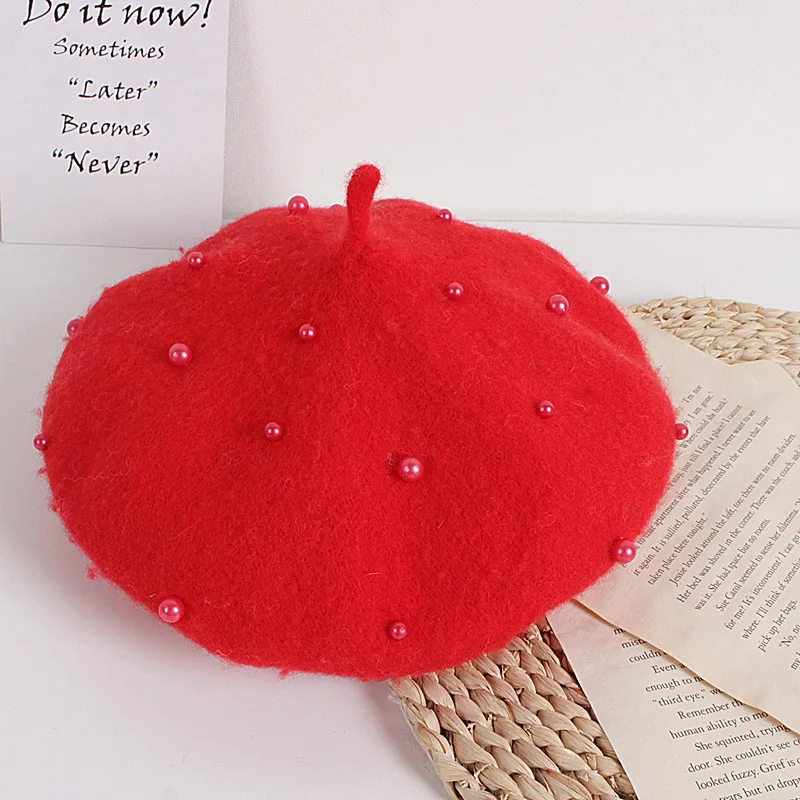 Spring Autumn Vintage Rivet Pearl Girl Baby Berets Wool Solid Color Girls Beret Hat Christmas Bonnet Caps Painter Cashmere Hat