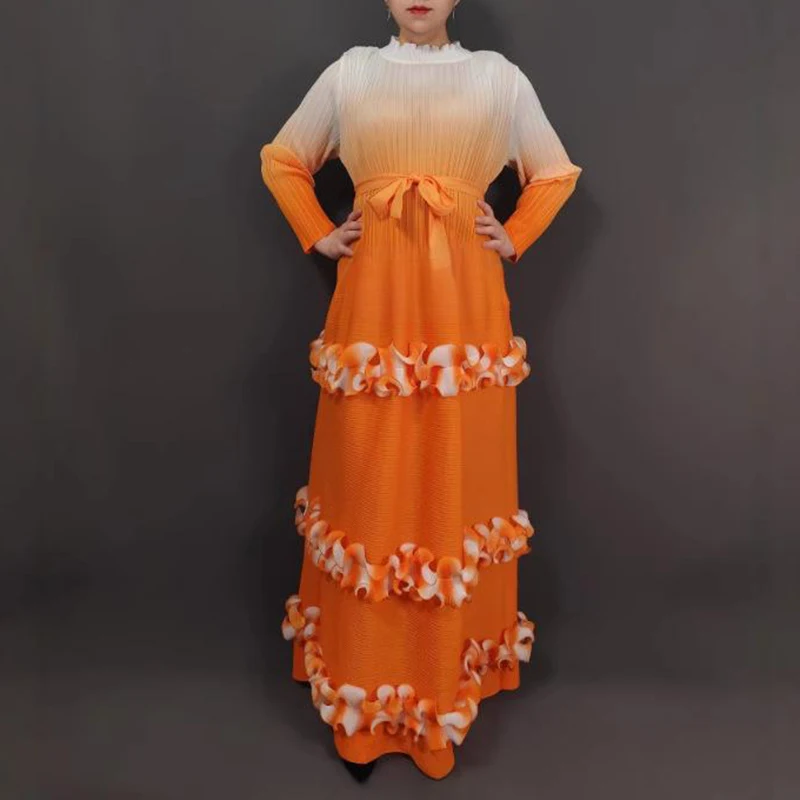 ALSEY 三宅 2025 夏の新ハイエンドグラデーションフリルプリーツドレス女性の伸縮性のあるルーズ長袖ネクタイプリーツ服