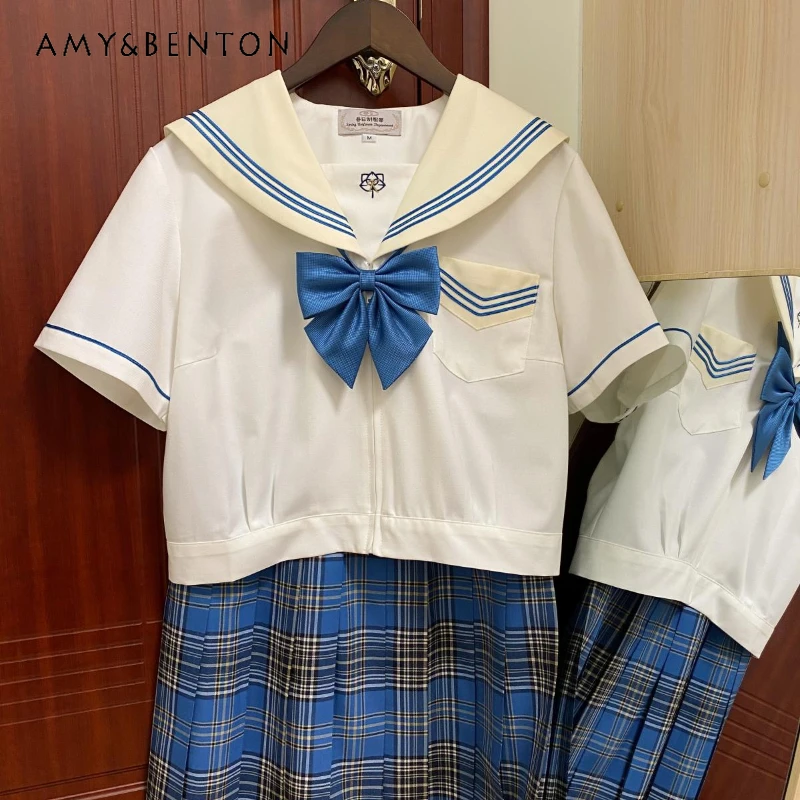 

Japanese JK Uniform Summer Blue Striped Sailor Collar Solid Color Short Sleeves Zipper Loose Fashion Versatile Tops For Girls