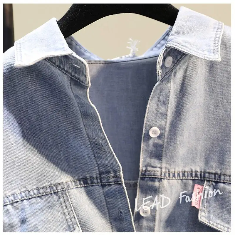 Fake Two Denim Patchwork Shirt Jacket Striped Fringe Casual Shirt Cardigan Korean Fashion Shir Tblouses Women Clothing Tops