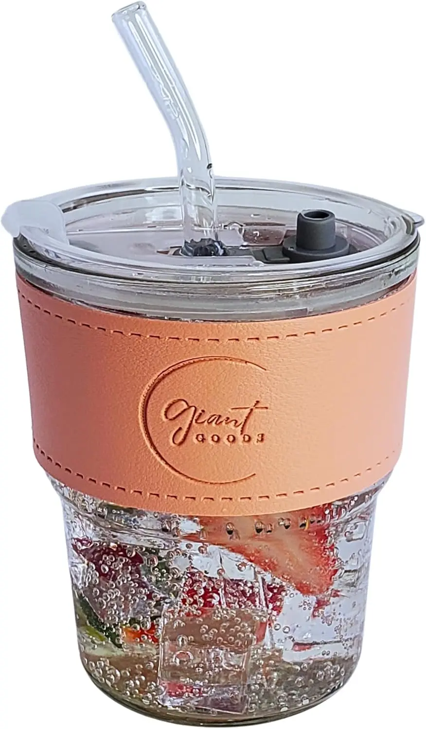 

13oz Salmon Pink Glass Tumbler with Straw and Lid, Leather Sleeve Tumblers, Iced Coffee Cup, Double Walled, Car Friendly Tumbler