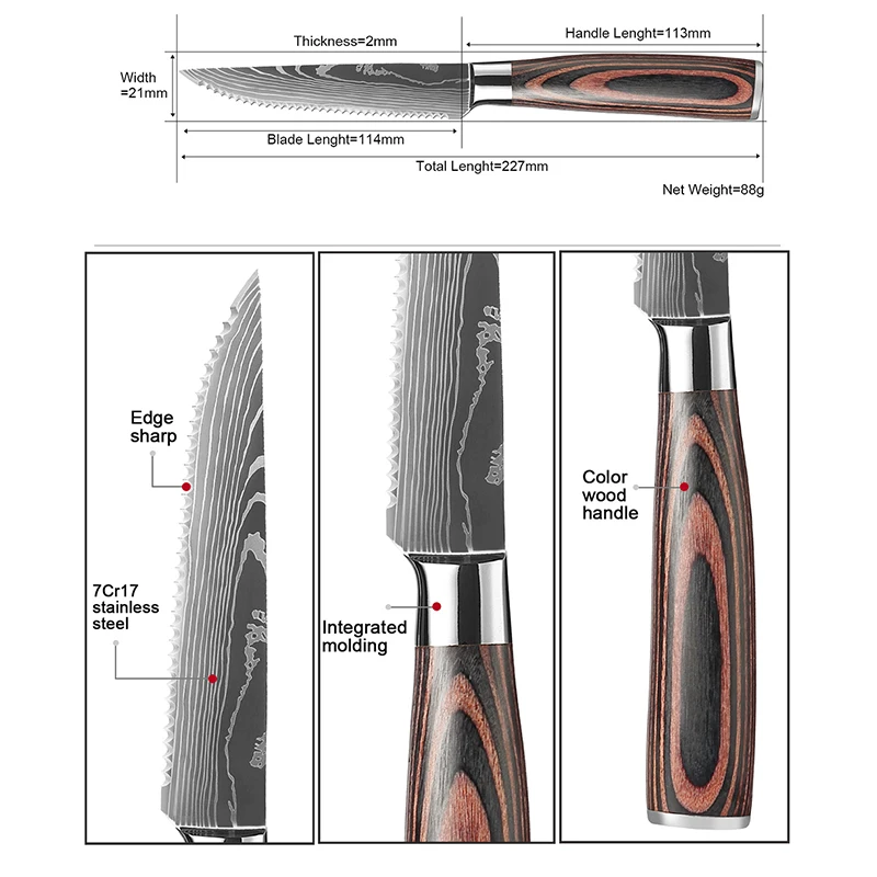 XITUO nóż do kotletów 4pc/6pc ze stali nierdzewnej imitacja damaszek wzór restauracja nóż ząbkowane wołowiny kurczaka tabeli narzędzie naturalne