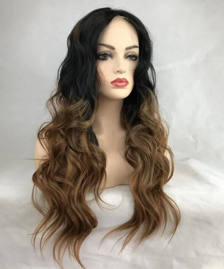 Long Wavy Dark Roots Brown Human Hair Blend Synthetic Lace Front Full Wig