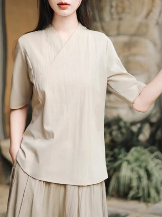 Rétro lin coton irt femmes v-ne mi-sve asymétrique Hanfu Sle tendance nationale T-shirt coupe ample décontracté irt