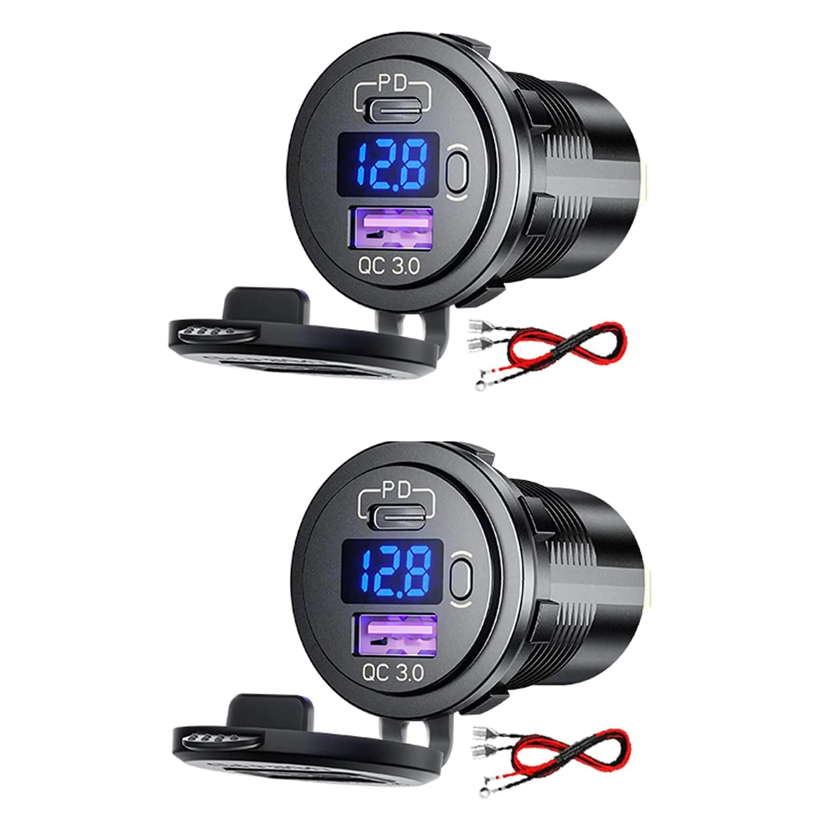 

2 Pack PD Type C 48W USB Car Charger Socket,QC 3.0 Quick Charger Outlet with Voltmeter and Switch for Boat Truck