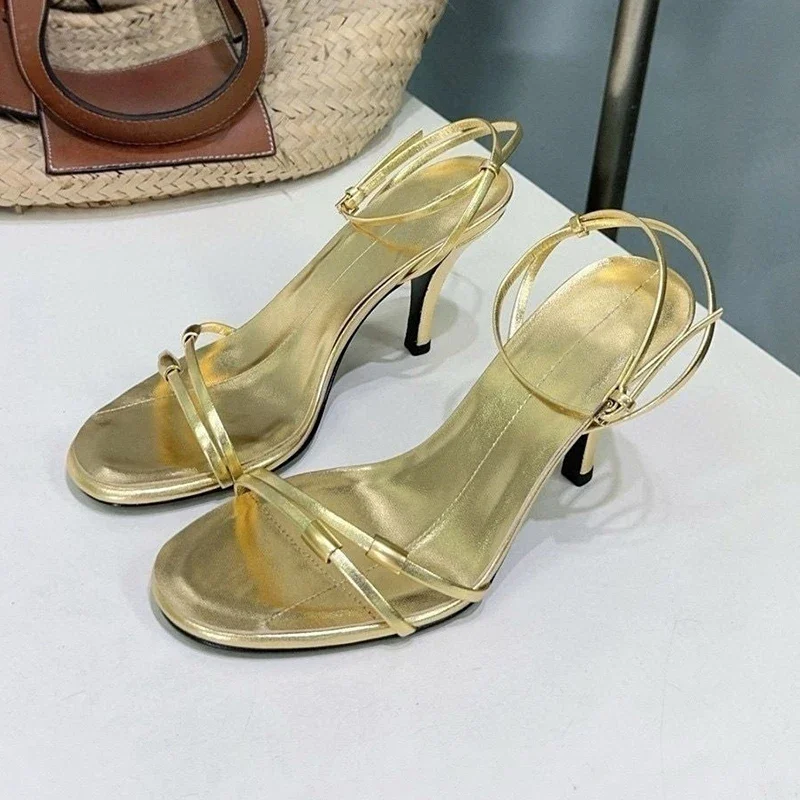 Genuine Leather Narrow Band Ankle Strap Sandalias Women Fashion High Heels Open Toe Sandals Summer Sexy Thin Heels Commute Shoes