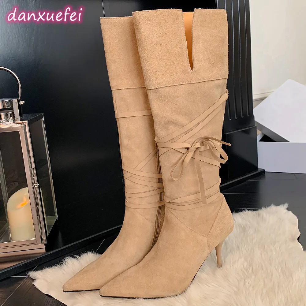 

danxuefei women's natural suede leather thin high heel pointed toe side zip autumn knee high boots elegant ladies long boots hot