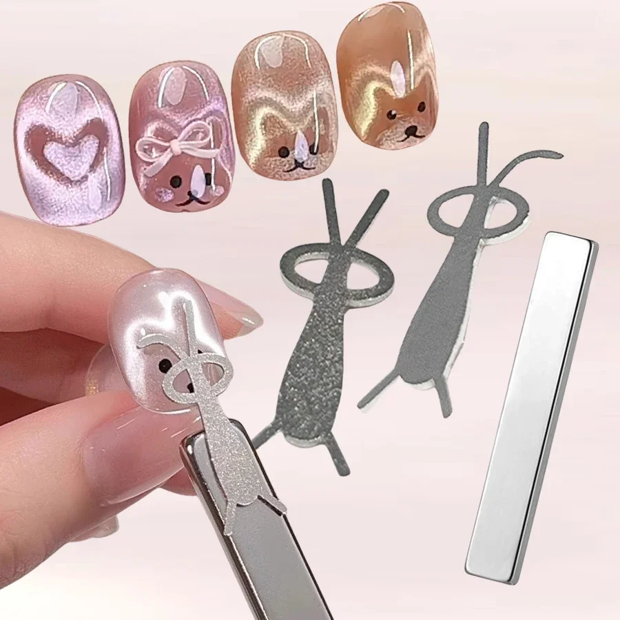 3-teiliges Set mit niedlichen Kaninchen-förmigen Katzenaugen-Nagelmagneten, DIY-Gelpolitur, magnetische Werkzeuge mit gefalteten Ohrenhasen-Katzenbärenmustern