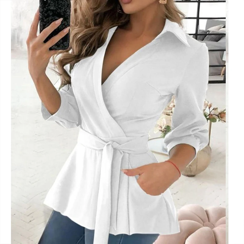 Autumn Elegant Fashion Chic New Shirt Women Solid Color Irregular Three Quarter Sleeve V Neck Pocket Solid Color Drawstring Top