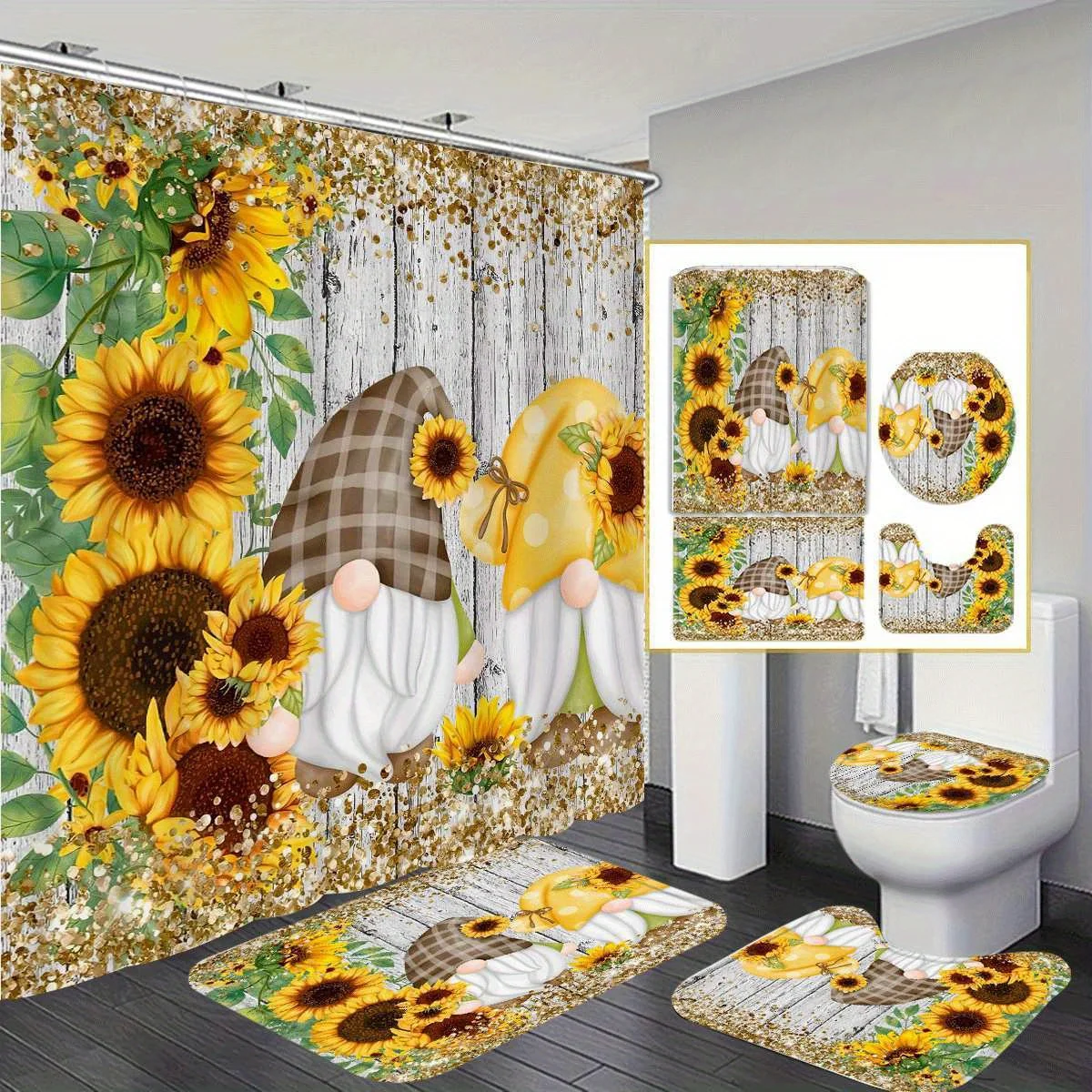

4 шт., набор декоративных занавесок для душа с милым карликом, занавеска для душа, коврик для ванной комнаты, U-образный коврик для унитаза, сиденье для унитаза