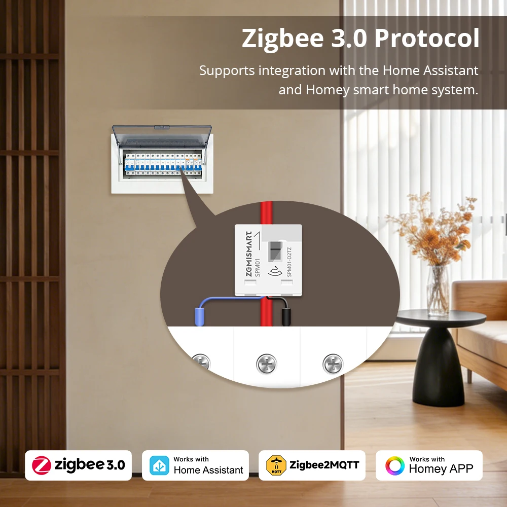 

Умный счетчик энергии Zemismart Zigbee 3.0 Mini 63A, датчик контроля электроэнергии, совместим с Homey, Zigbee2mqtt, Zigbee Home Assistant