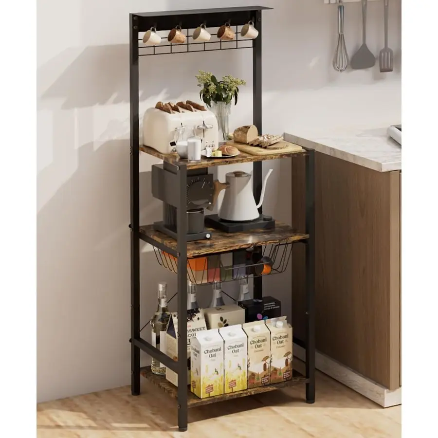 

Tier Coffee Bar Station, Corner Bakers Rack with 5 Hooks amp Wire Basket, Coffee Maker Stand for Small Space, Kitchen Storage Sh