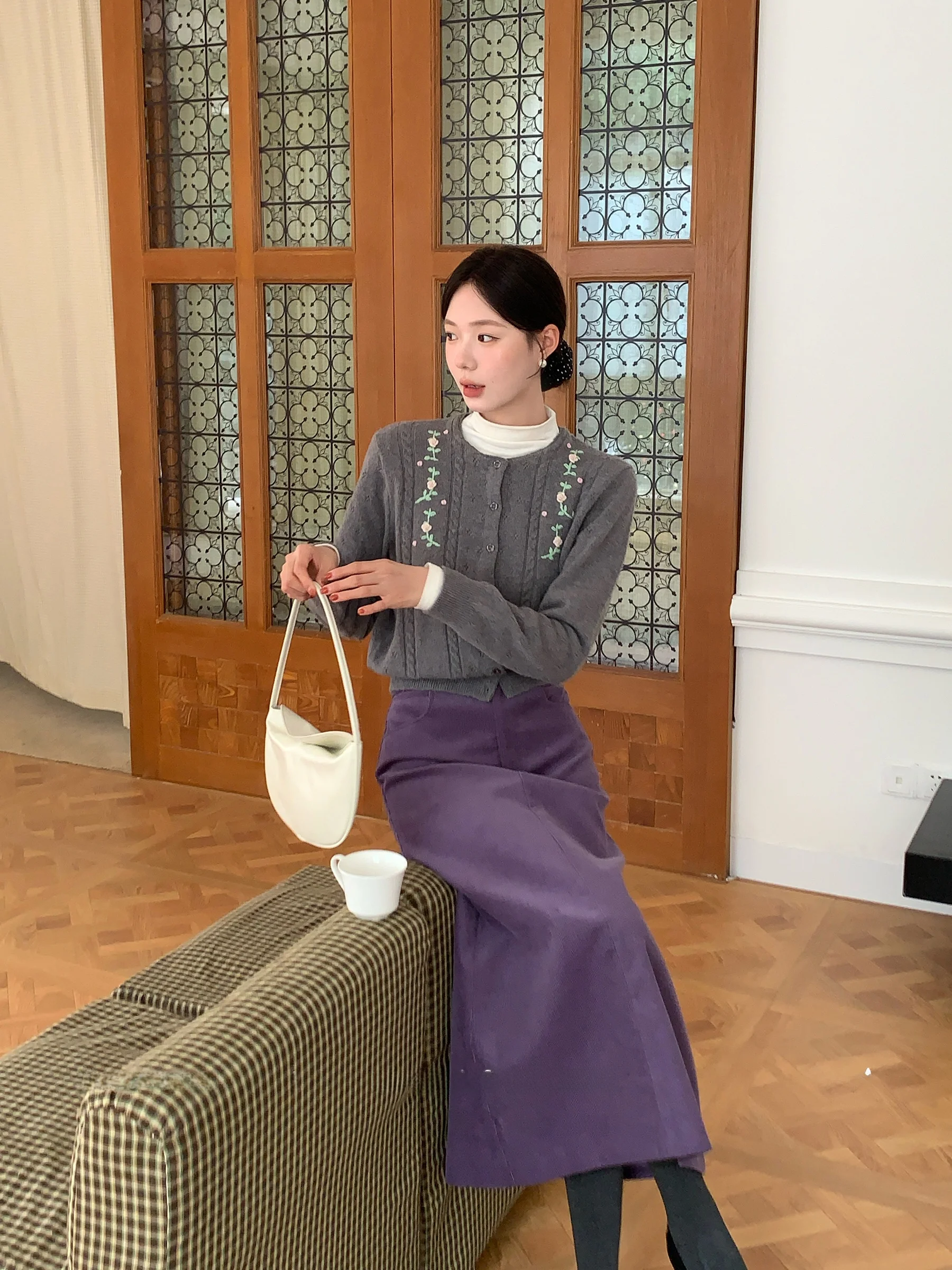 Heavy-Embroidered Large-Flower Camere Sweater Cardigan Women's Slim Fit Casual Sle round Ne Long Sve Winter Coat