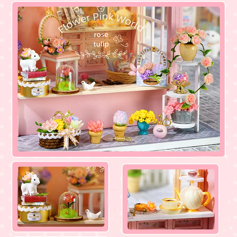 Casa delle bambole in legno fai-da-te Casa per gatti Negozio di fiori in miniatura con kit di mobili Assemblare blocchi Giocattoli per bambini Regalo per adulti Casa