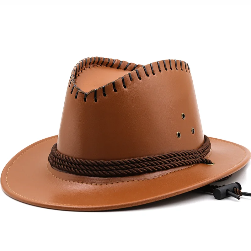 

Simple Male Leather Jazz Hat Adult Fedoras Hat Male PU Fedoras Cap Men's 7CM Wide Brim Leather Cowboy Hat