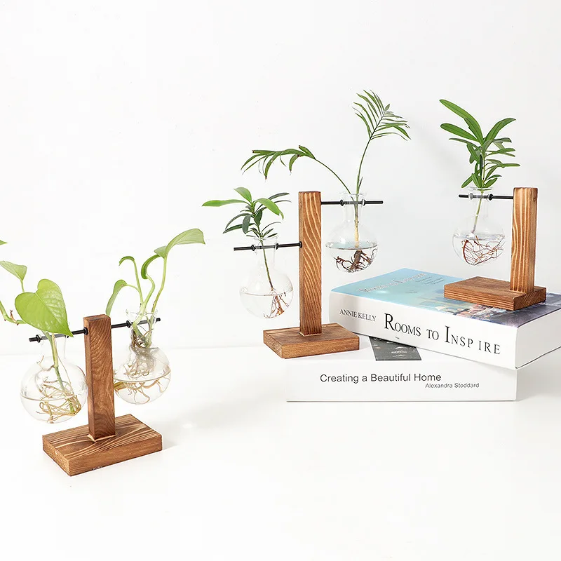 1PC Holzrahmen Hydrokultur Vase, um Grünstoffe zu erhöhen Glasflasche Container Home Wohnzimmer Schreibtisch Dekoration Ornamente