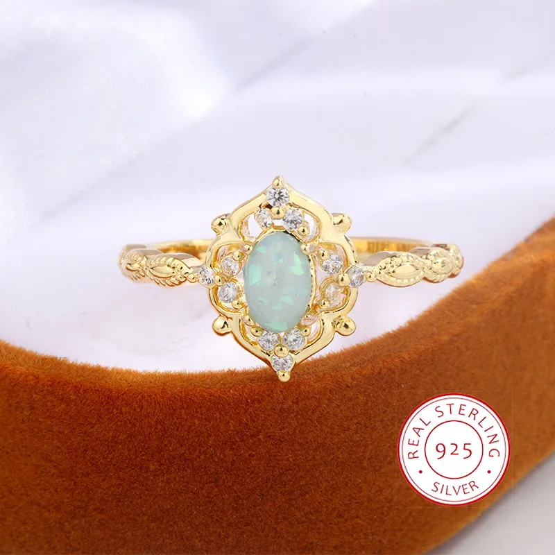 New Delicate Carved Hollow Small Egg Noodle Ring S925 Stamp Plated Yellow Gold Western Retro Style Women's Holiday Gift