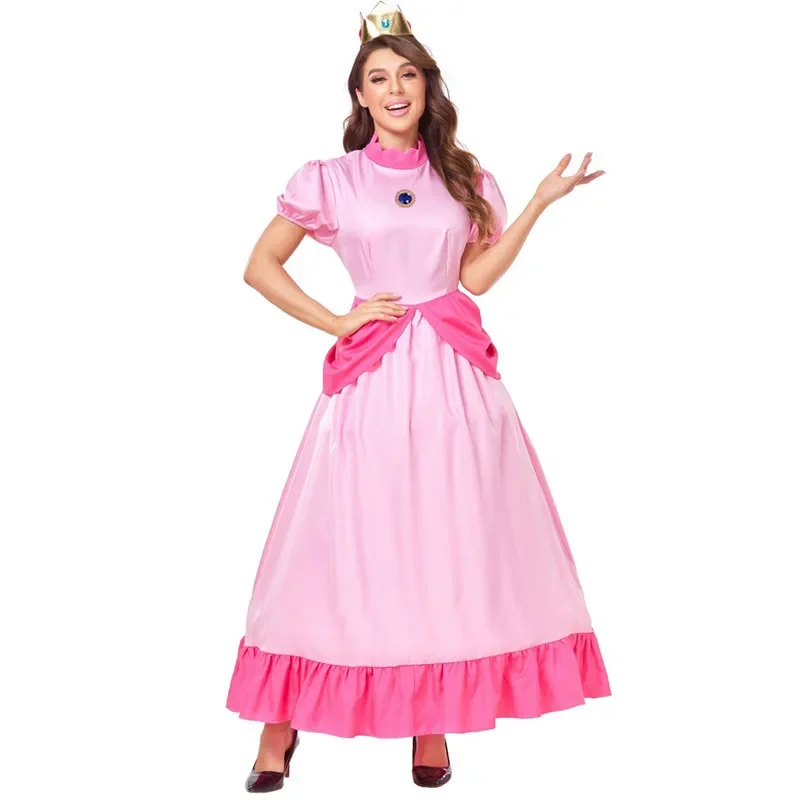 Adult Princess Peach Costume Pink Fancy Dress Women Cosplay Party Halloween Masquerade Dress Up Outfit Stage Performance Clothes