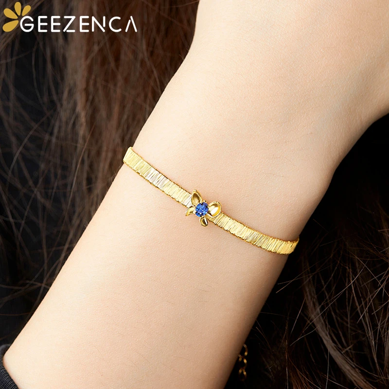 GEEZENCA Italian Jewelry 925 Silver Blue Zircon Bracelets For Women 18K Gold Brushed Craft Butterfly Chic Bracelet Luxury Gift