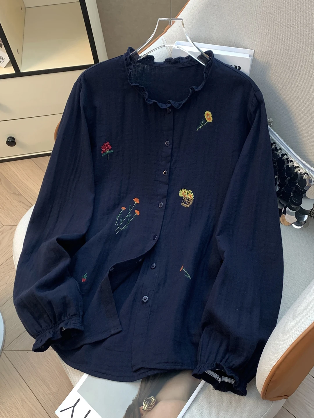 

Double Layer Cotton Lace Collar Embroidered Loose Long Sleeve Shirt Artistic Style Casual Comfortable Women's Shirt