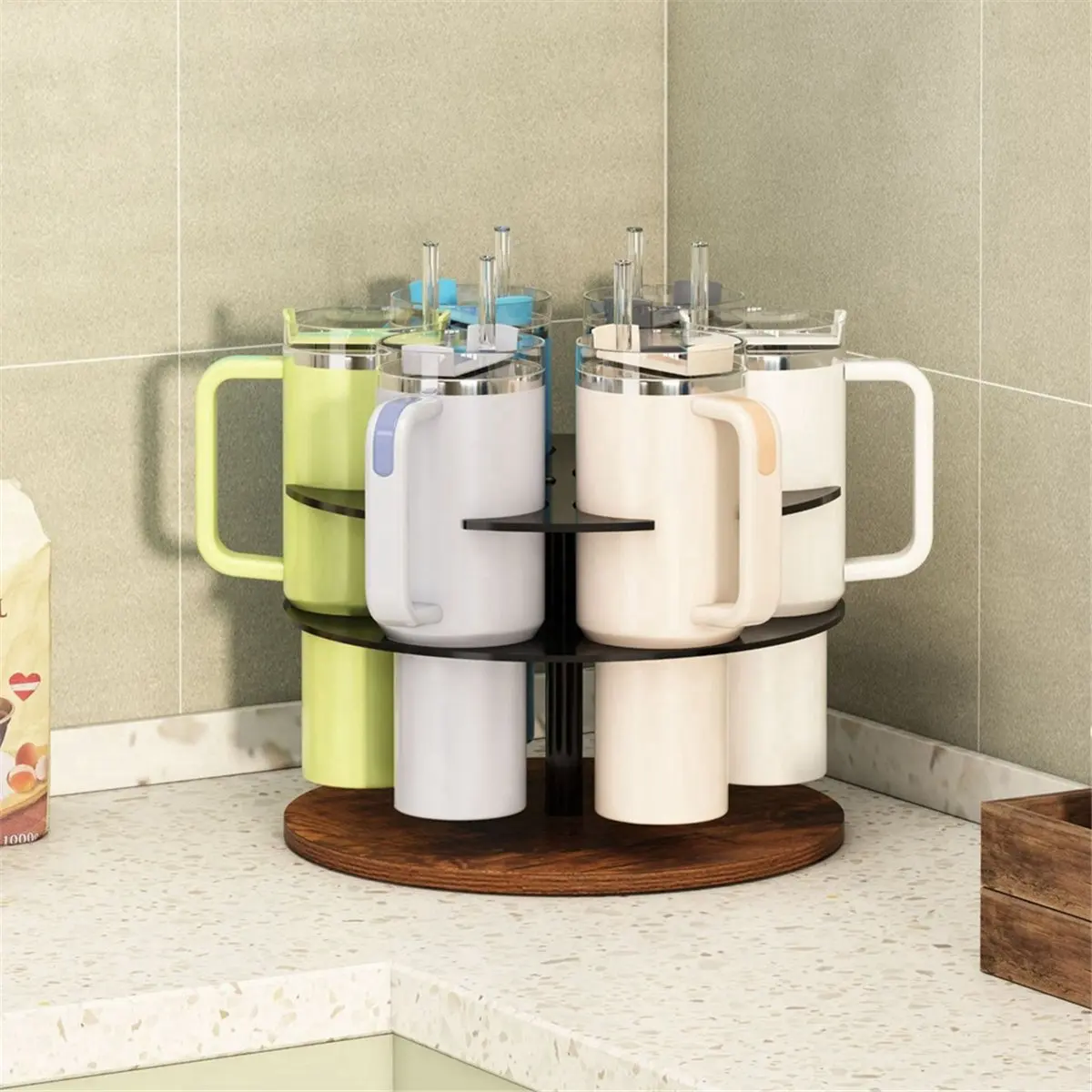 N14R Top 6 Slots Rotating Cup Organizer Wooden Storage Rack for 40oz Cup Accessories