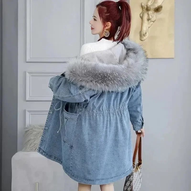 Women\'s Jeans Coat New Winter Denim Coats Thick Wool Denim Jacket Korea Loose Hooded Fur Collar Long Clothes Outerwear Female