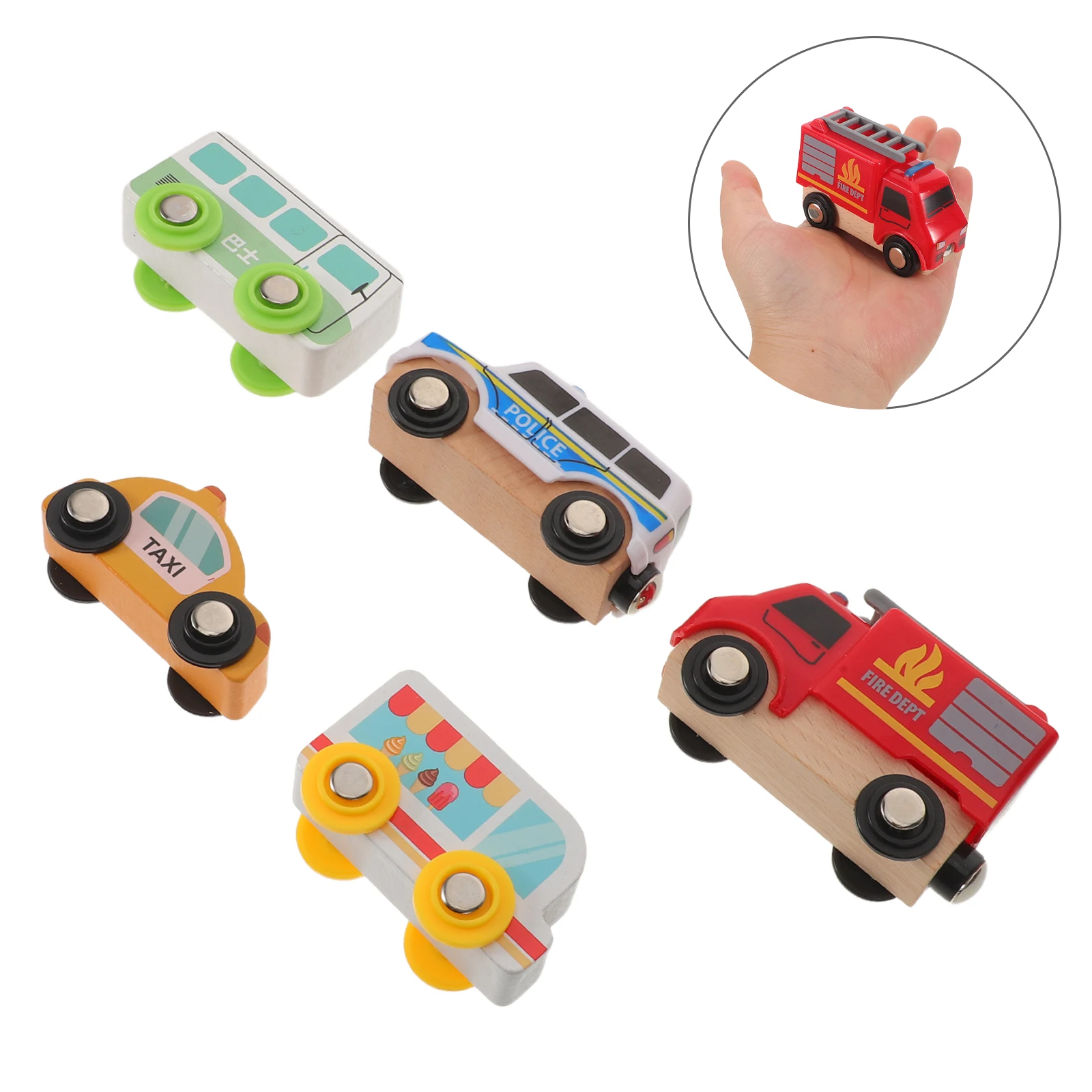 

5 шт. деревянные автомобили для малышей дошкольный обучающий набор с грузовиком для мороженого пожарный полицейский автобус поезд трек совместимый для детей
