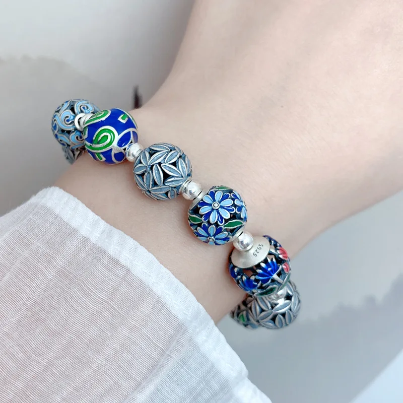 925 Sterling Silver Enamel Handmade Bracelets for Women Girls Retro Ethnic Style Colorful Beaded Bracelet Hand Jewelry SL106