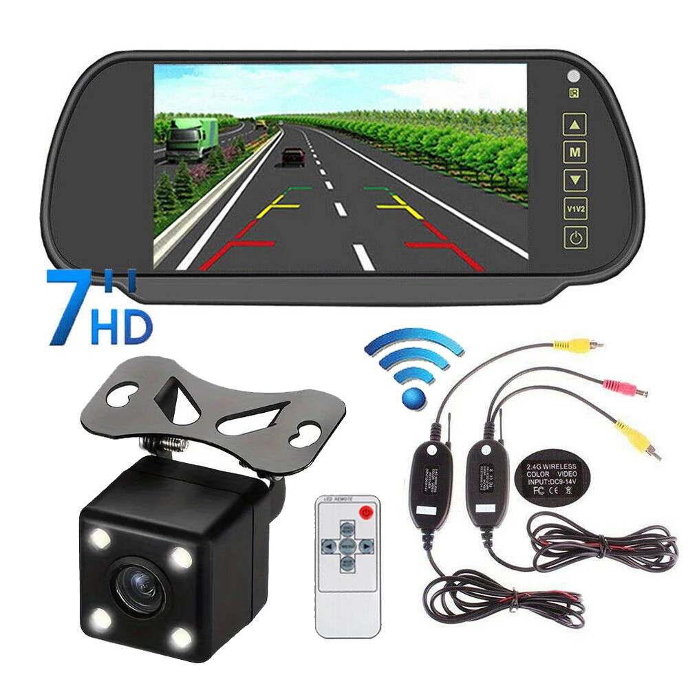 

7" Rear View Monitor Mirror Wireless Reverse Backup Camera Kit For Car Truck Van