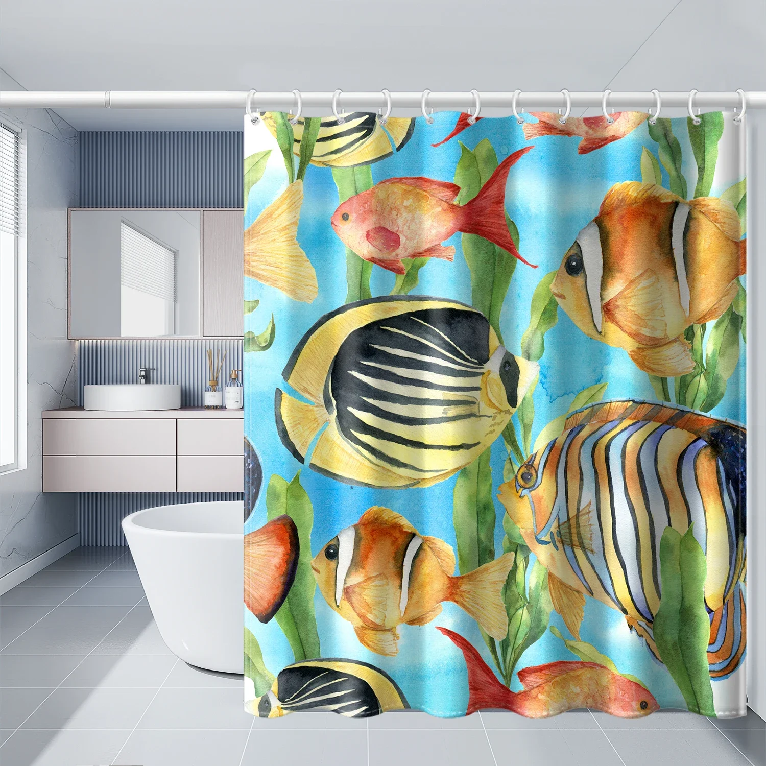 4-piece set of Tropical fish pattern waterproof shower curtain with 12 hooks, waterproof printed curtain, bathroom floor mat