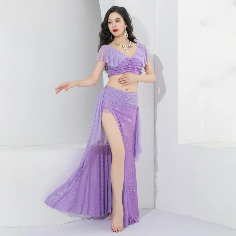 Belle lumière féerique de luxe à paillettes, costume d'entraînement de danse orientale pour femmes adultes, vêtements d'entraînement de danse du ventre