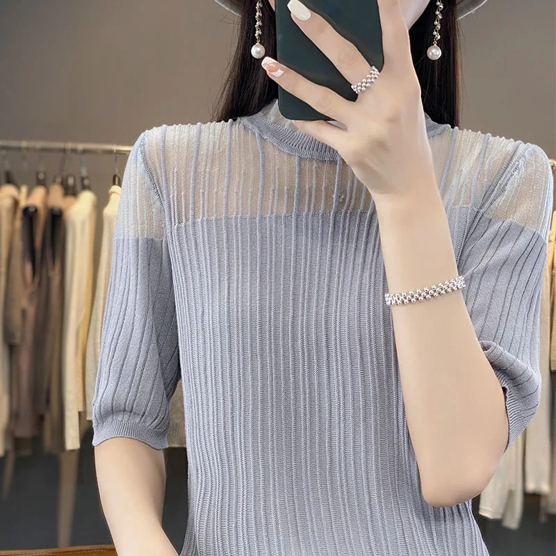 2023 Summer New Ougen Yarn Spliced Ice Silk Wave Pattern Wooden Ear Collar Versatile Short Sleeve Slim Fit Knit Women's Top