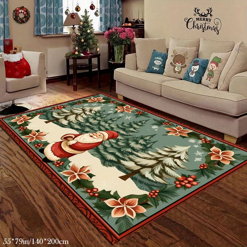 1pc Snow & Santa Claus Velvet Rug, Festive Style, Soft Machine Washable Mat for Living Room, Bedroom, Indoor & Outdoor