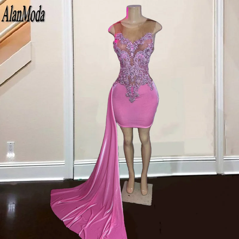 

Elegant Pink Homecoming Dresses With Train Rhinestone Mini Cocktail Party Gowns For Women Velvet Birthday Dinner Dress