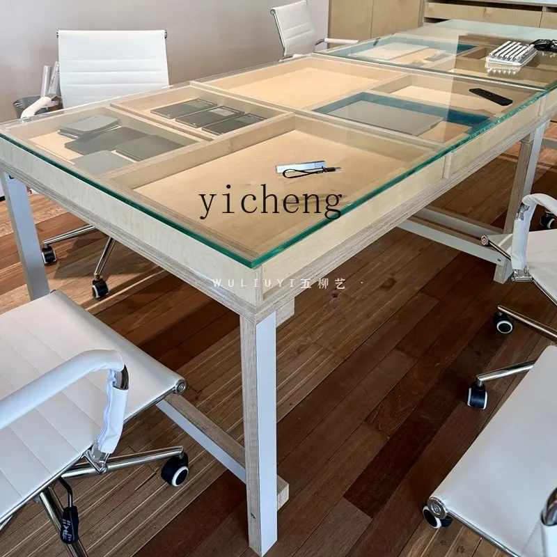 

FY Office Birch Glass Desk with Drawer Computer Conference Room Negotiation Table
