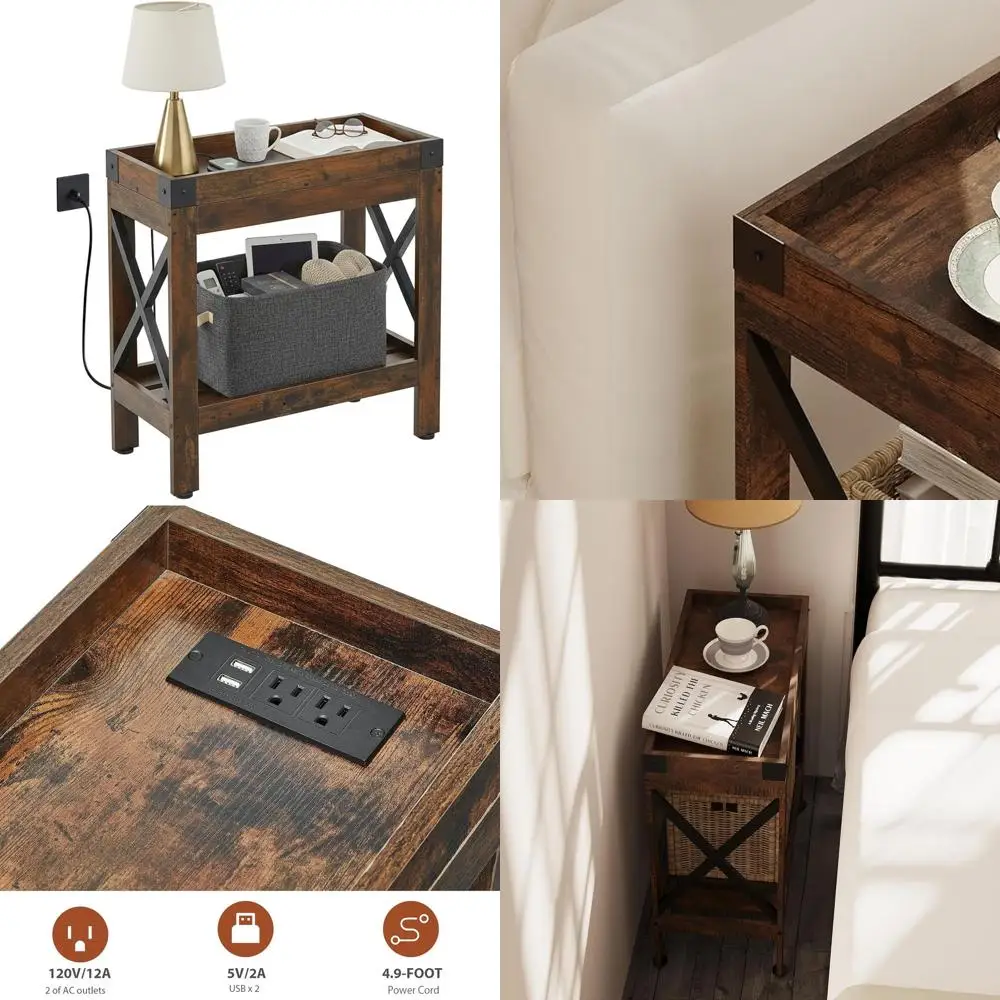 

Rustic Brown Charging End Table with USB & Outlet, Compact Industrial Nightstand for Living Spaces