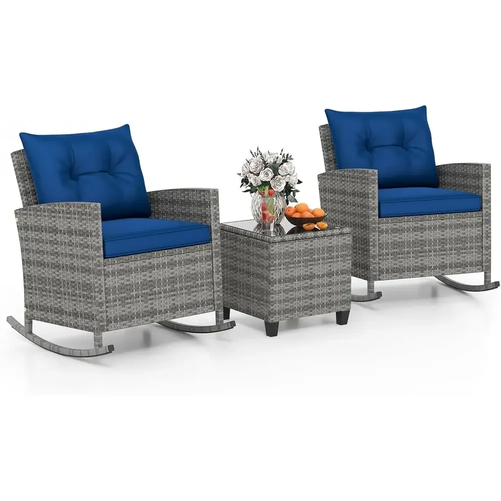3-Piece Wicker Rocking Chair Set with Tempered Glass Table and Cushions for Outdoor, Backyard, and Poolside (Gray & Navy Mix)