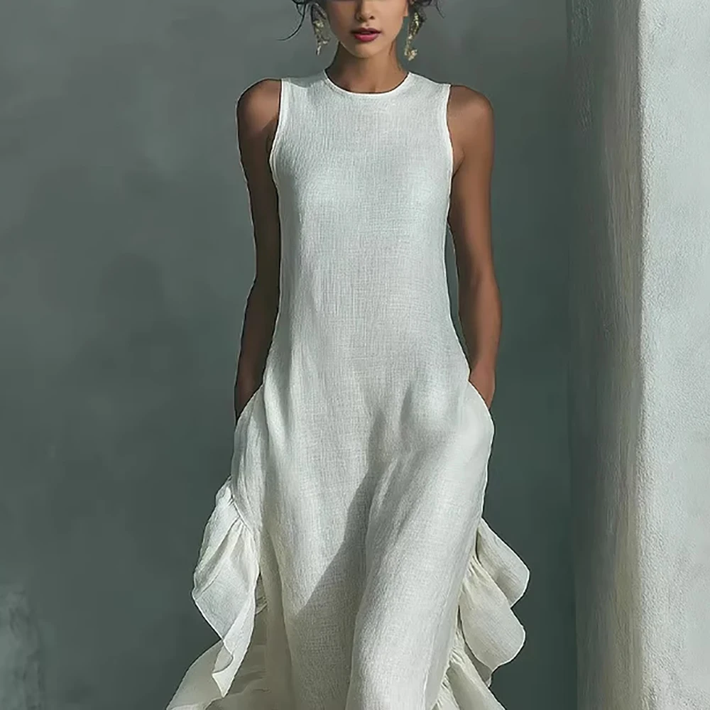 

Women's Faux Linen Ruffle Vacation Maxi Dress Solid Round Neck Sleeveless Slim Fit Vintage Boho Beach Chic Long Dresses Vestidos